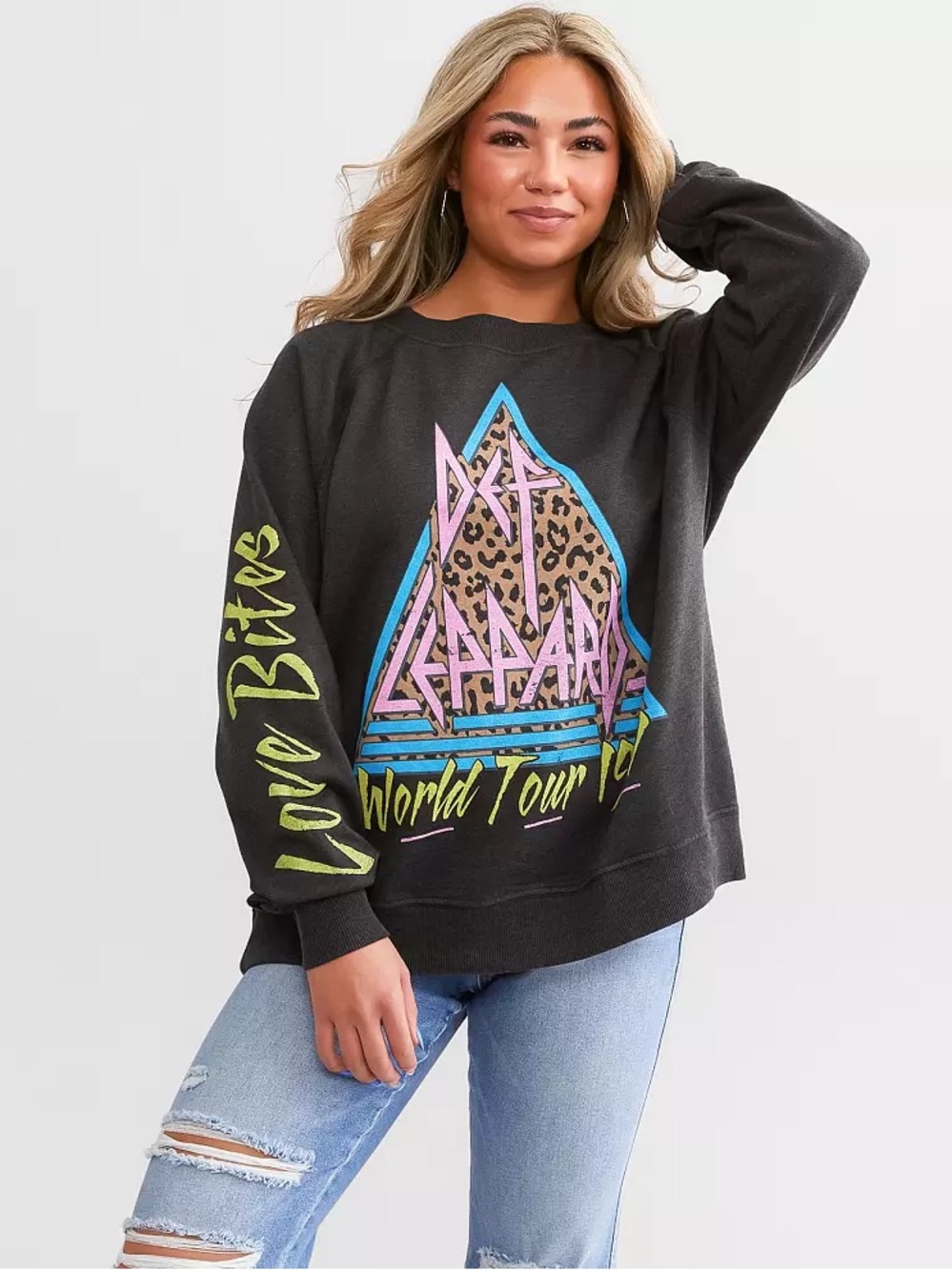 Def Leppard Oversized Band Pullover Sweatshirt - Charcoal with Neon Graphic